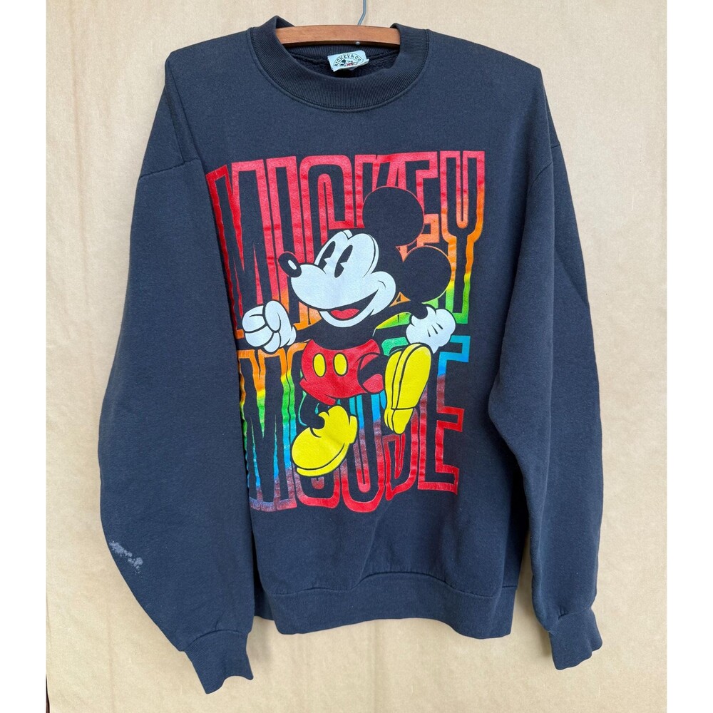 Vintage 90s Disney Mickey Mouse Rainbow Graphic Medium Black Crewneck Sweatshirt